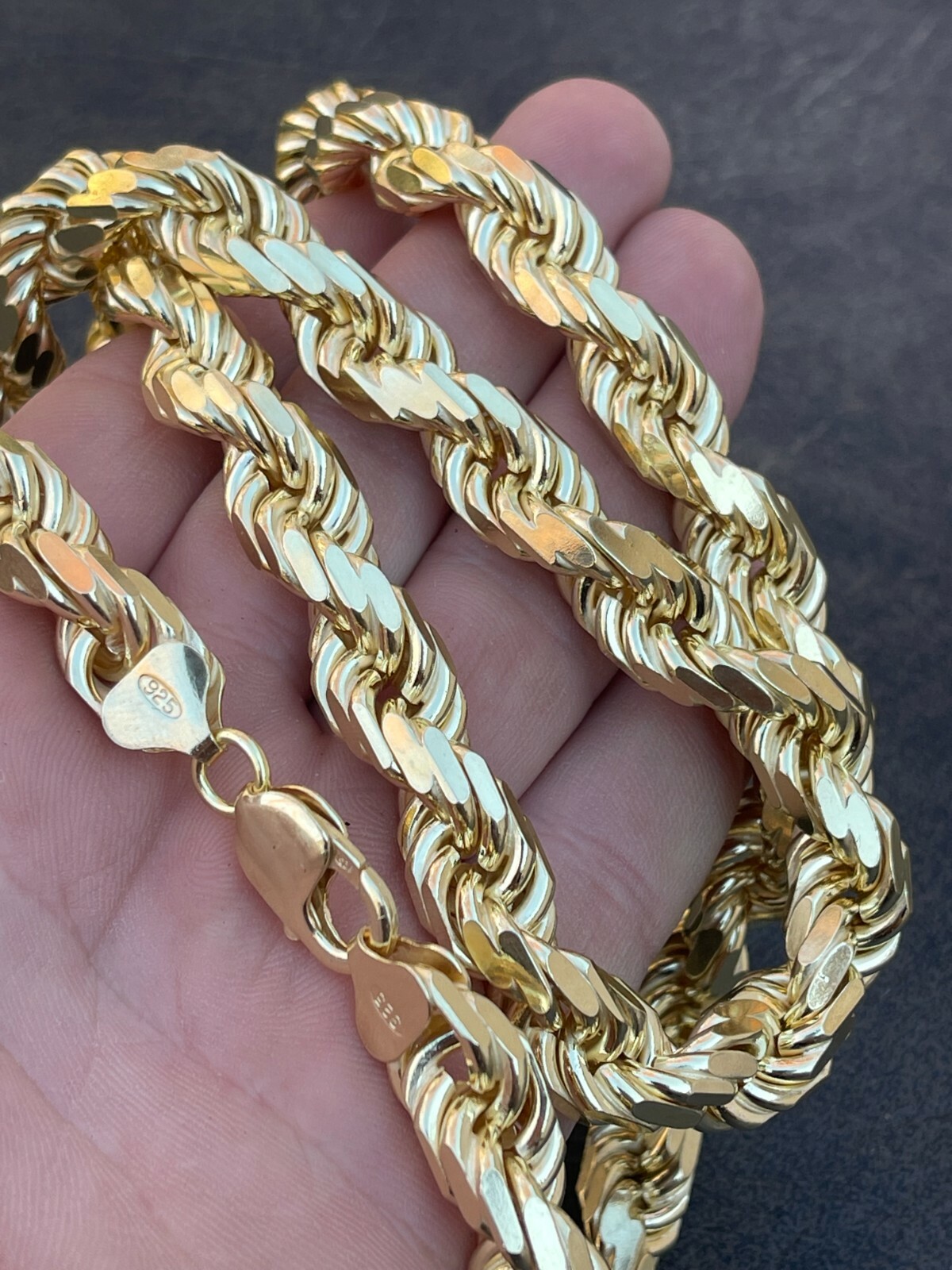 10mm Thick Mens Rope Chain 14k Gold Over Real Solid 925 Sterling Silver Necklace