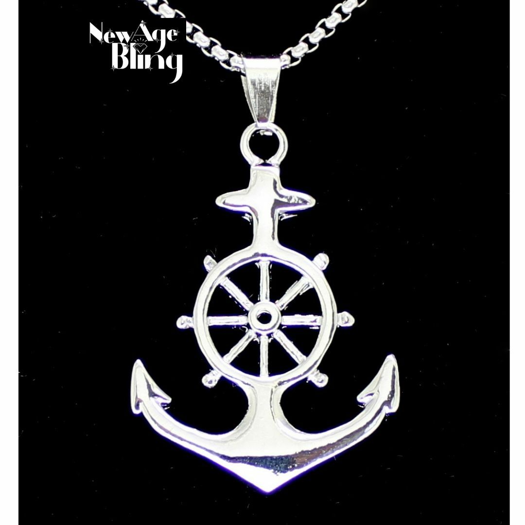 Anchor Wheel Captain Pendant Necklace Stainless Steel 24″ Chain