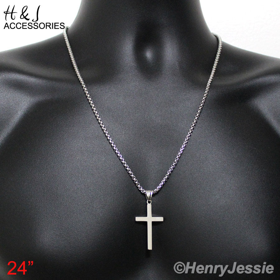 24″MEN Stainless Steel 3mm Silver Box Link Chain Necklace Simple Cross Pendant*P
