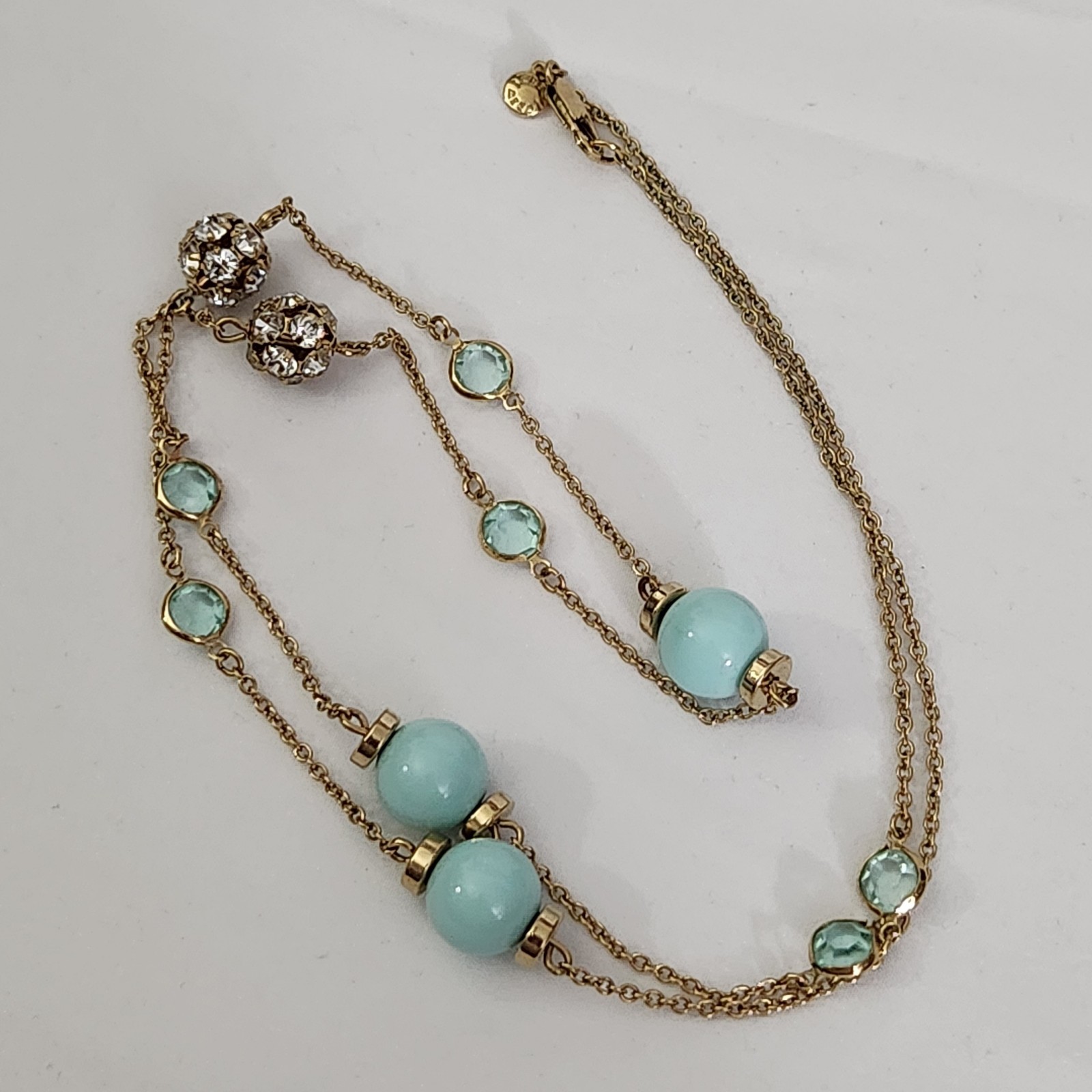 J.Crew Gold Tone Multi Strand Aqua Bead Rhinestone Necklace Signed
