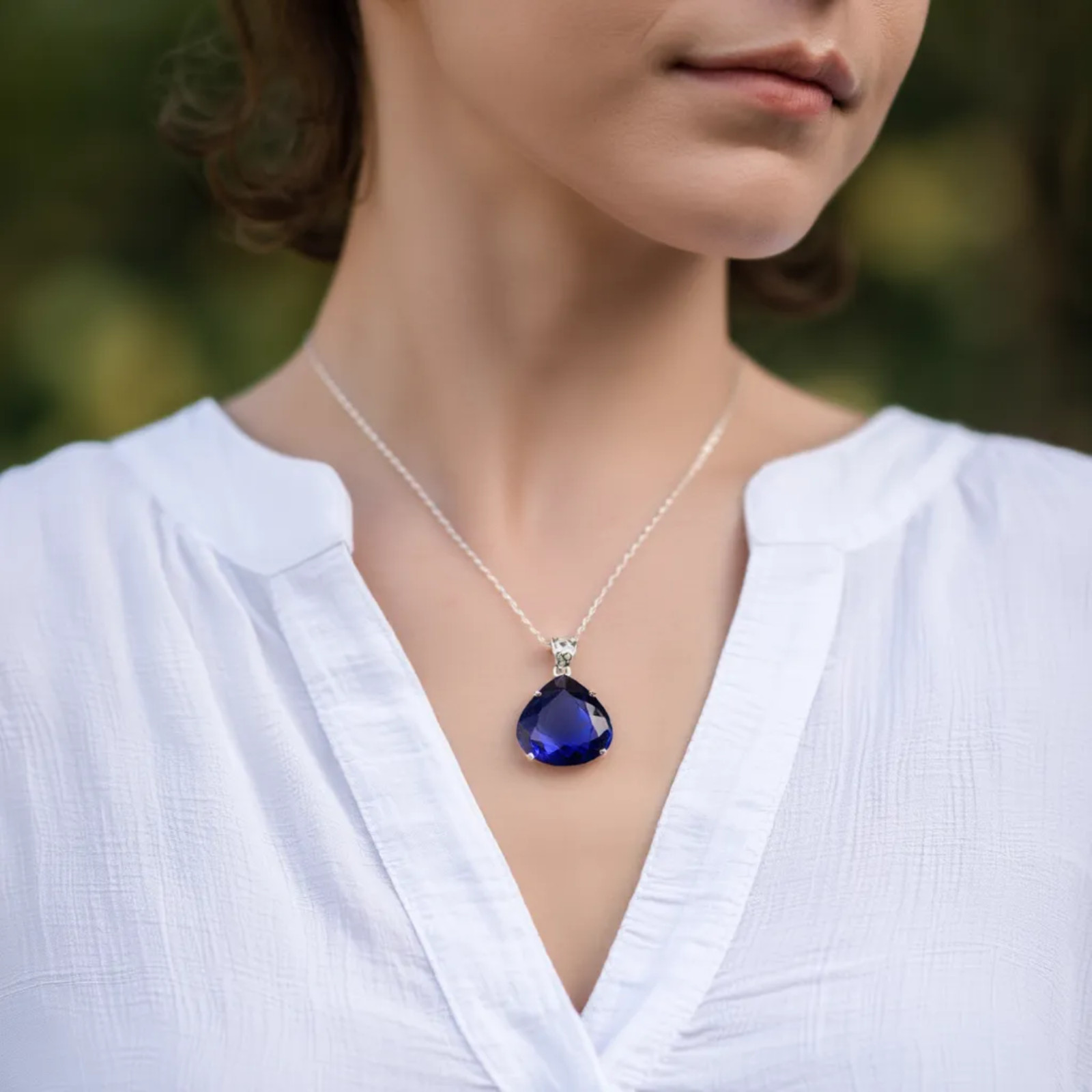 Blue Sapphire Teardrop Pendant – Elegant Gemstone Necklace with Free Chain