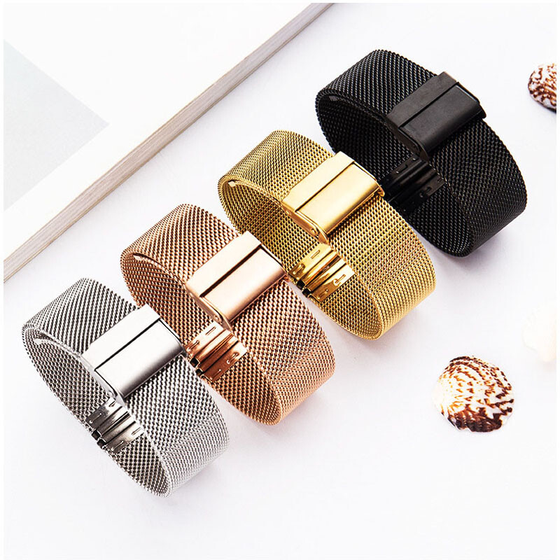 0.6mm Wire Meshed Loop Watch Strap 22mm Mesh Band Double-lock Clasp 10-20mm 24mm