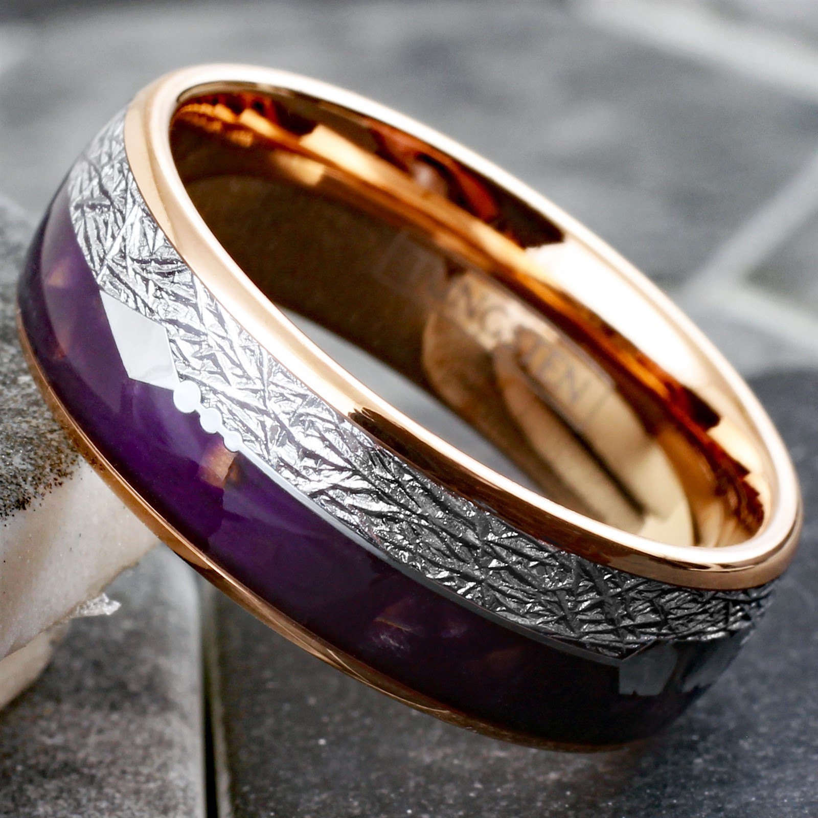 Rose Gold Plated Tungsten Men’s Ring Purple Lapis & Faux Meteorite Wedding Band