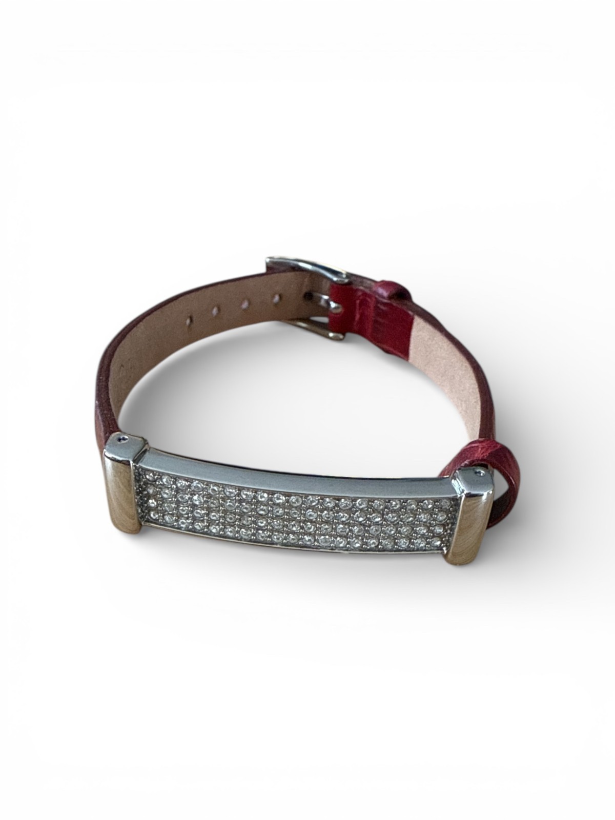 VERA PELLE Visage Designer Red Croc Leather Stainless Steel Rhinestone Bracelet