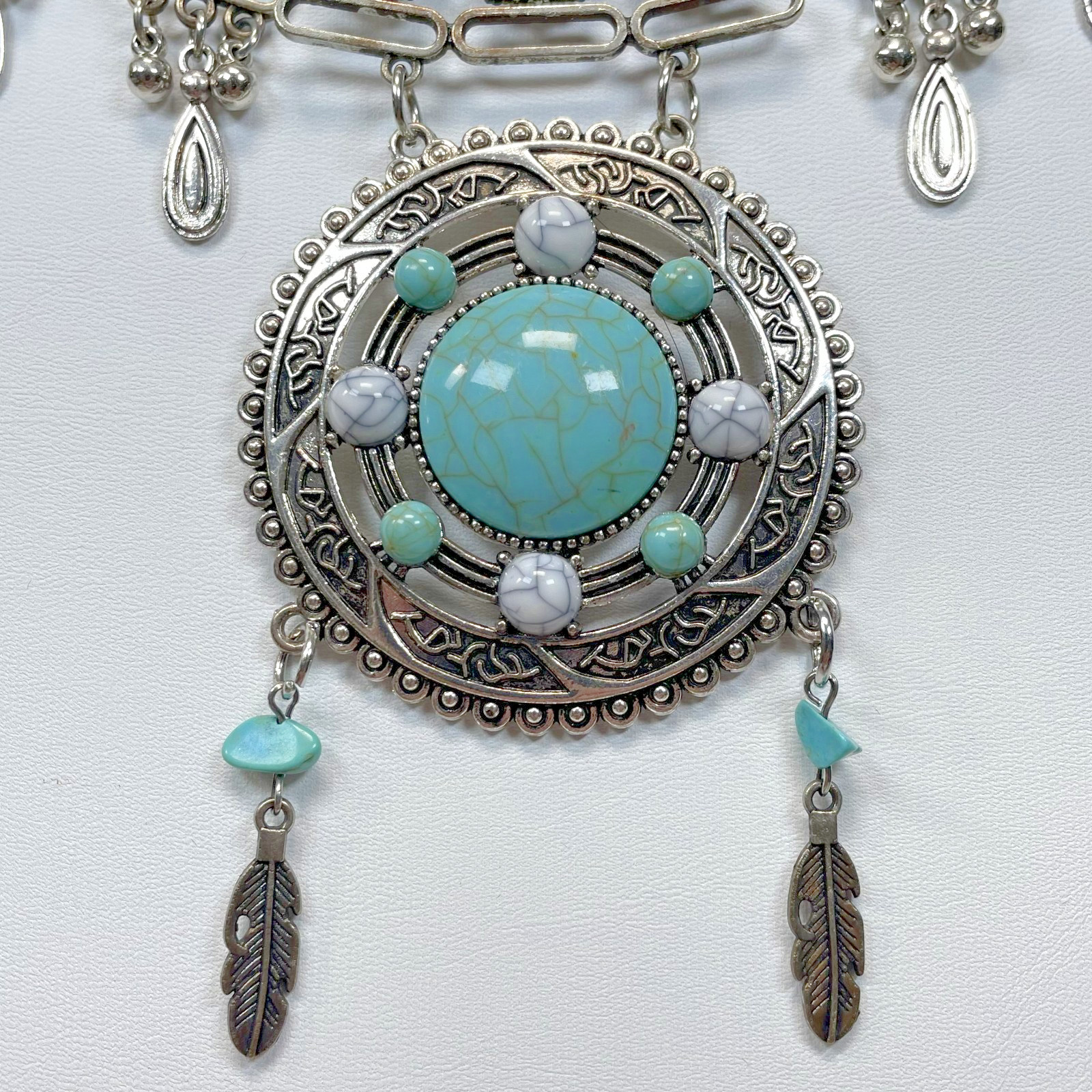 Silver Tone Faux Turquoise Matrix Statement Necklace Feather Bead Southwestern