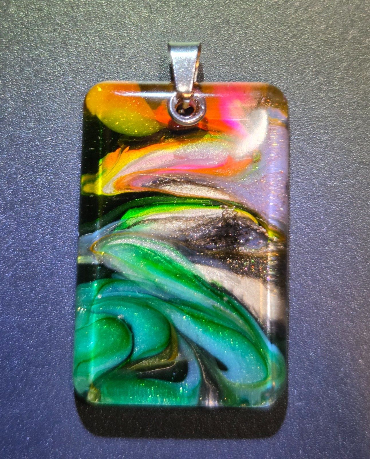 OOAK Petri Effect Resin Rectangle Pendant Green Pink Gold Stainless N105