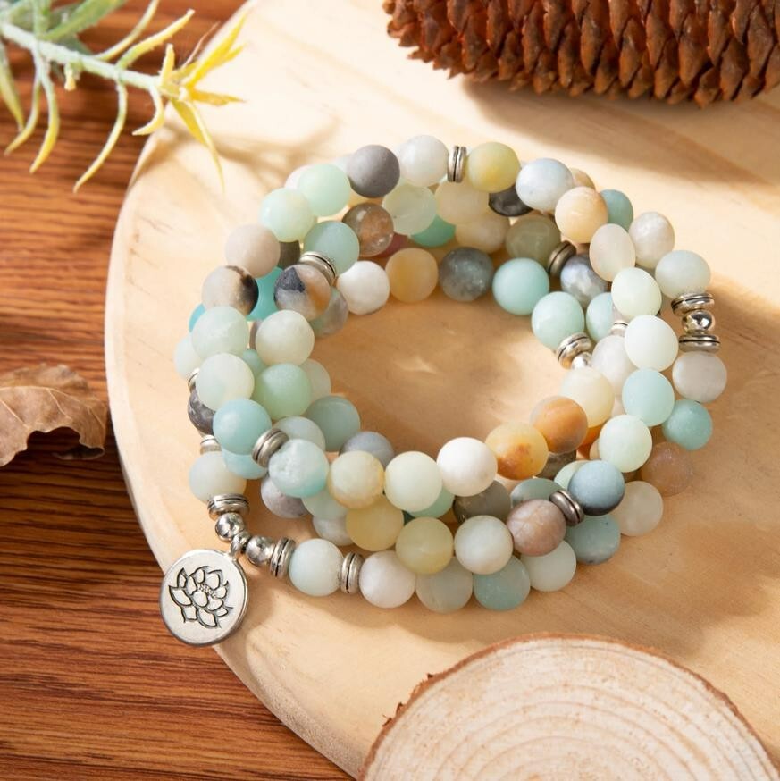 Natural Amazonite 108 Mala Bead Prayer Healing Amulet Unisex Women Necklace Gift