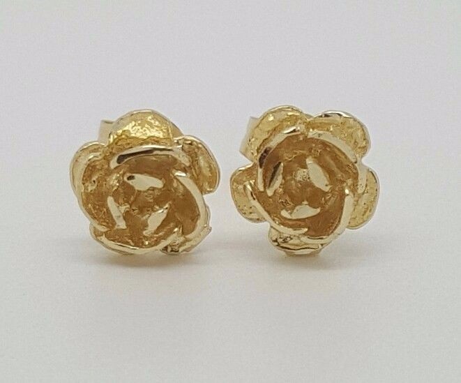14k Solid Yellow Gold Rose Flower Stud Earrings Push Back 7 MM