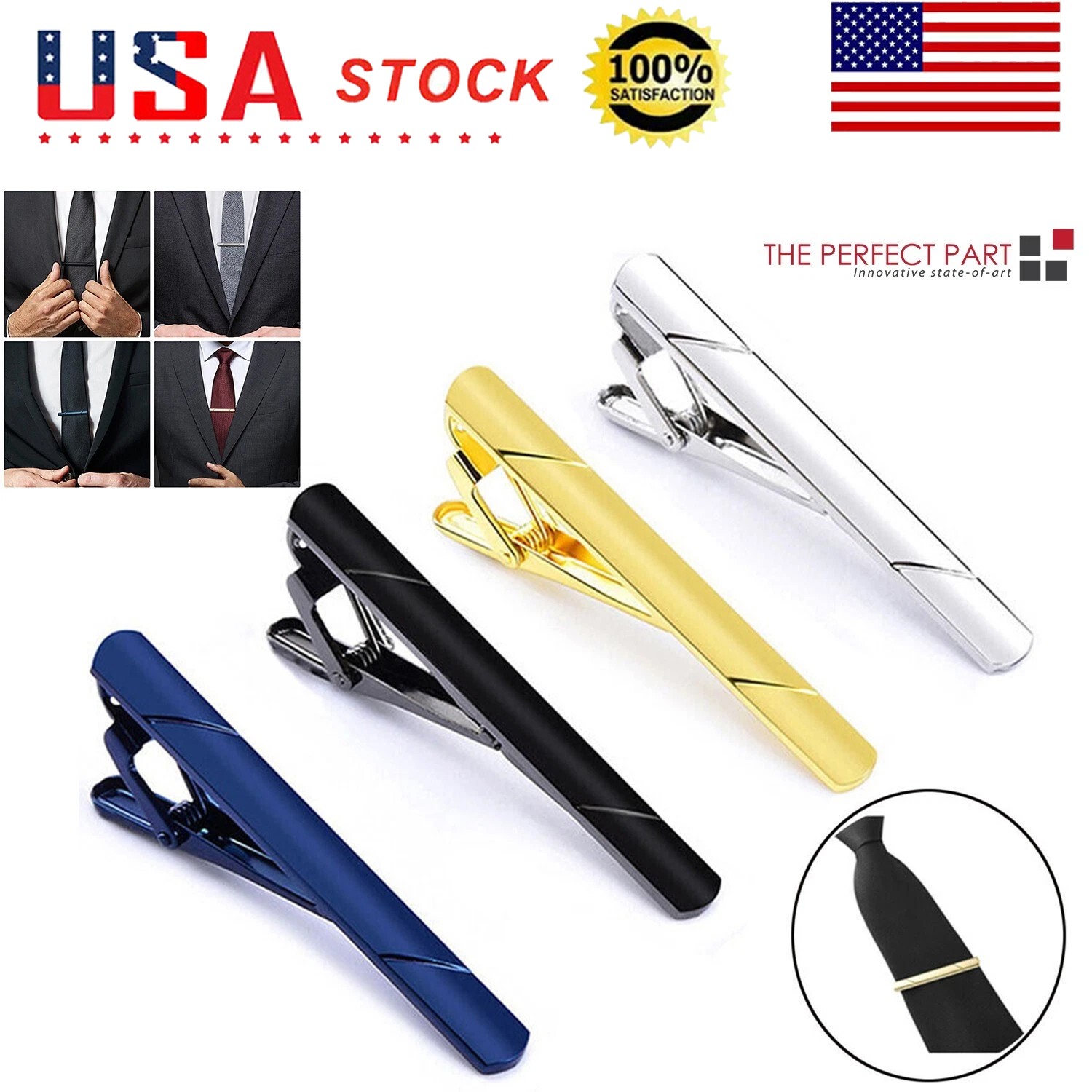 4PC Mens Tie Clips Stainless Steel Necktie Bar Clasp Clamp Pin Gold Black Silver