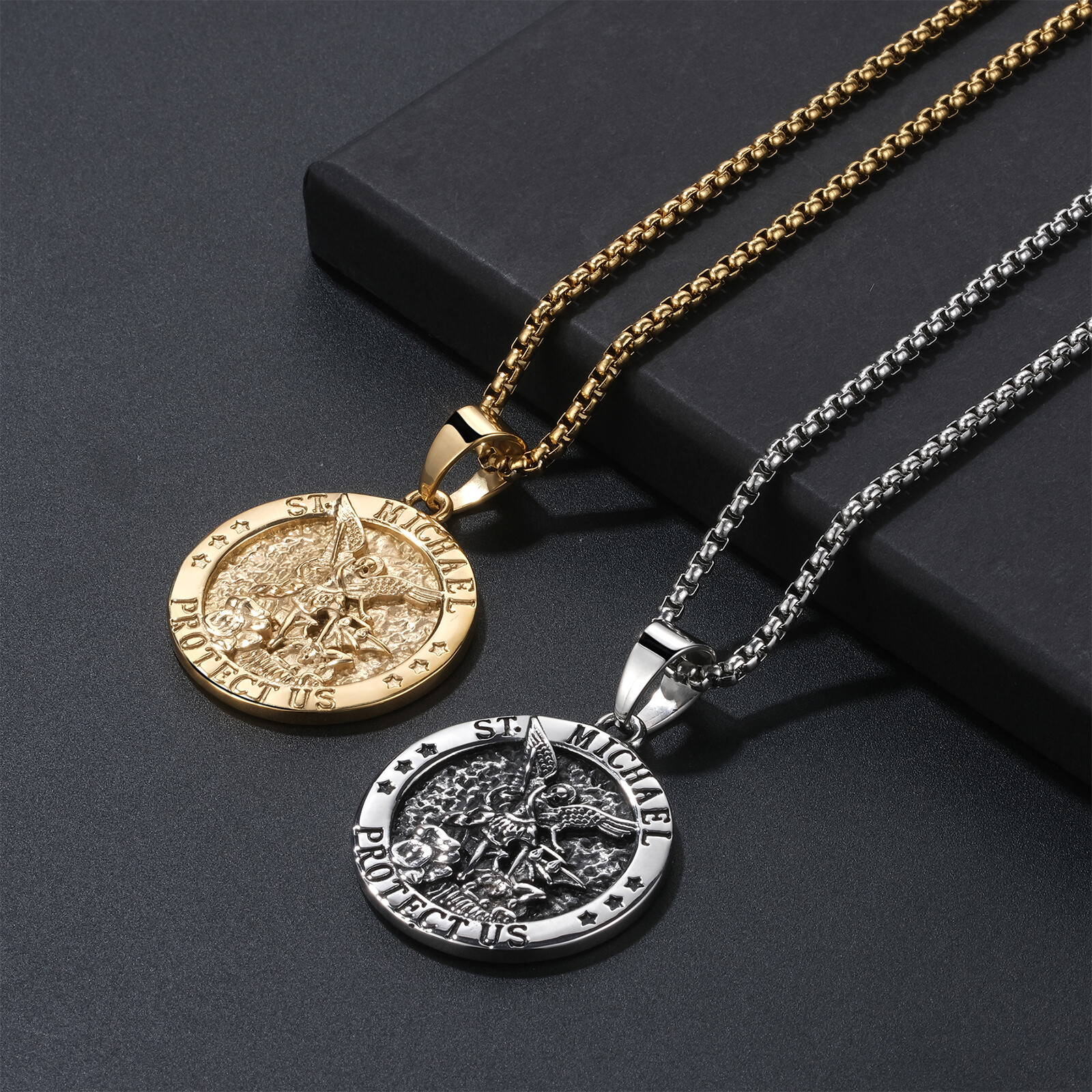 Mens St Michael Necklace Archangel Catholic Medal Stainless Steel Amulet Pendant