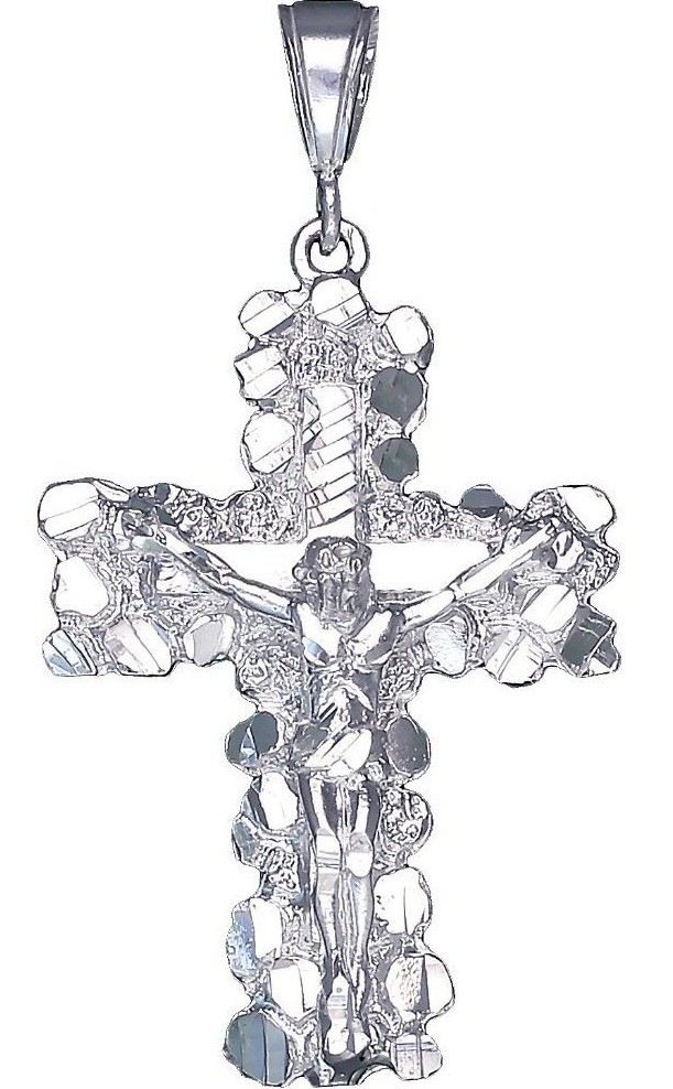 Sterling Silver Nugget Cross with Jesus Pendant Necklace 2.4 Inches 11 Grams