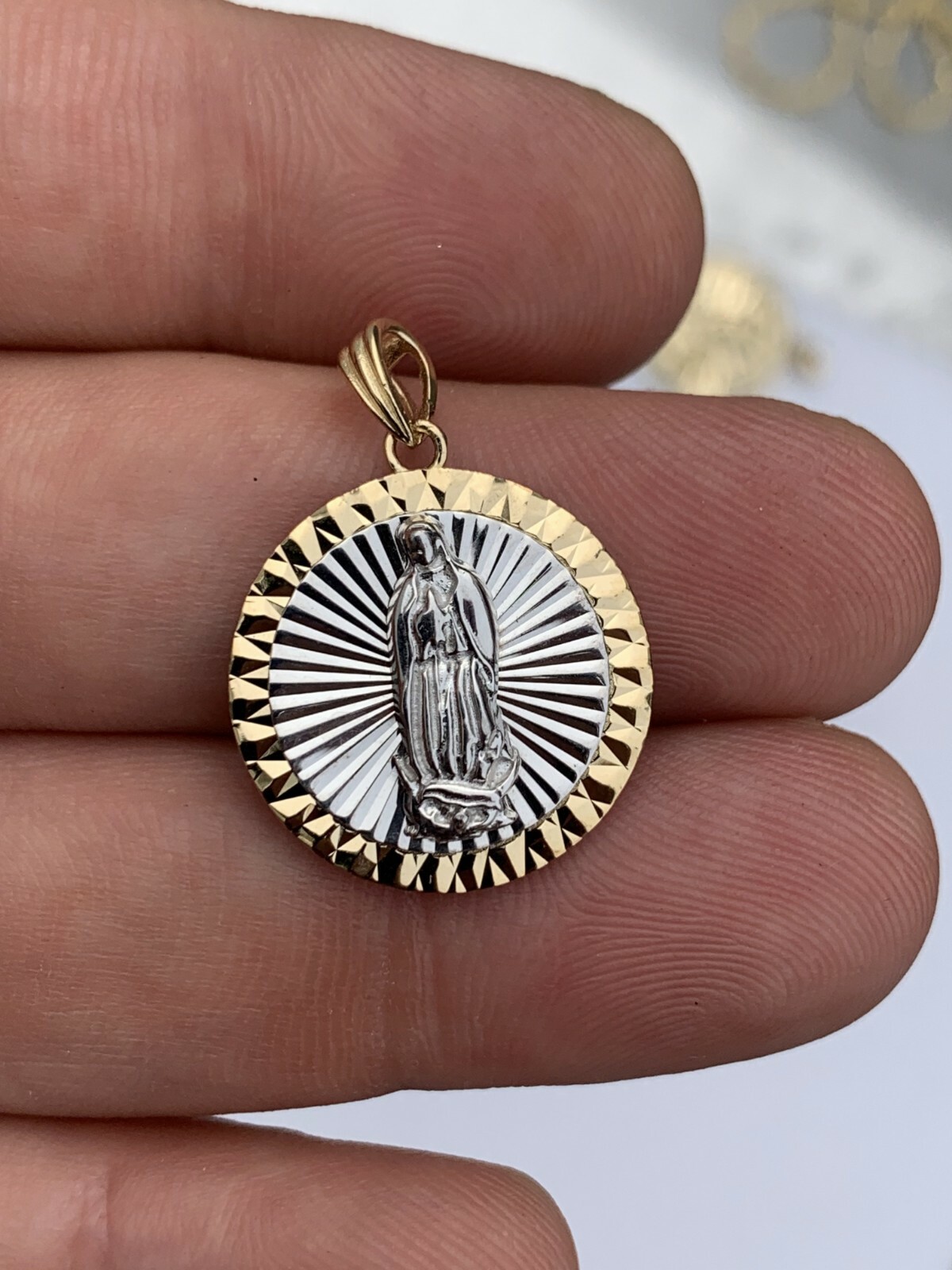 14k Yellow Gold Plated 925 Silver Virgin Mary Guadalupe Medallion Pendant Round