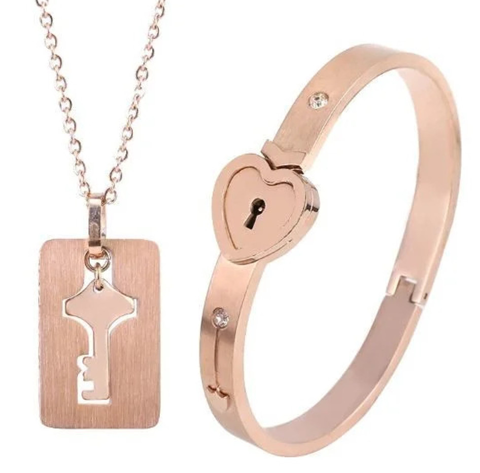 OurCoordinates Heart Lock Bracelet & Key Necklace Jewelry Set
