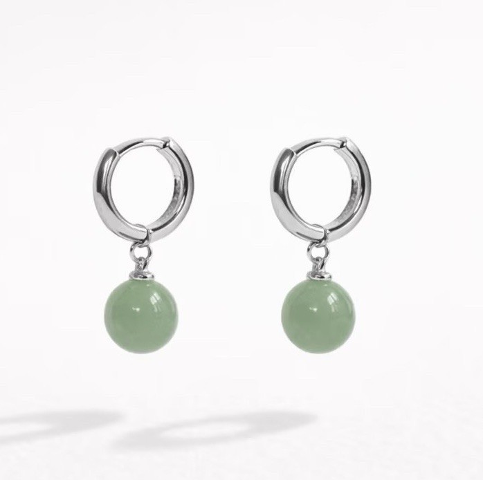 Green Jade Drop Earrings for women 925 Sterling Silver hoop earrings 044