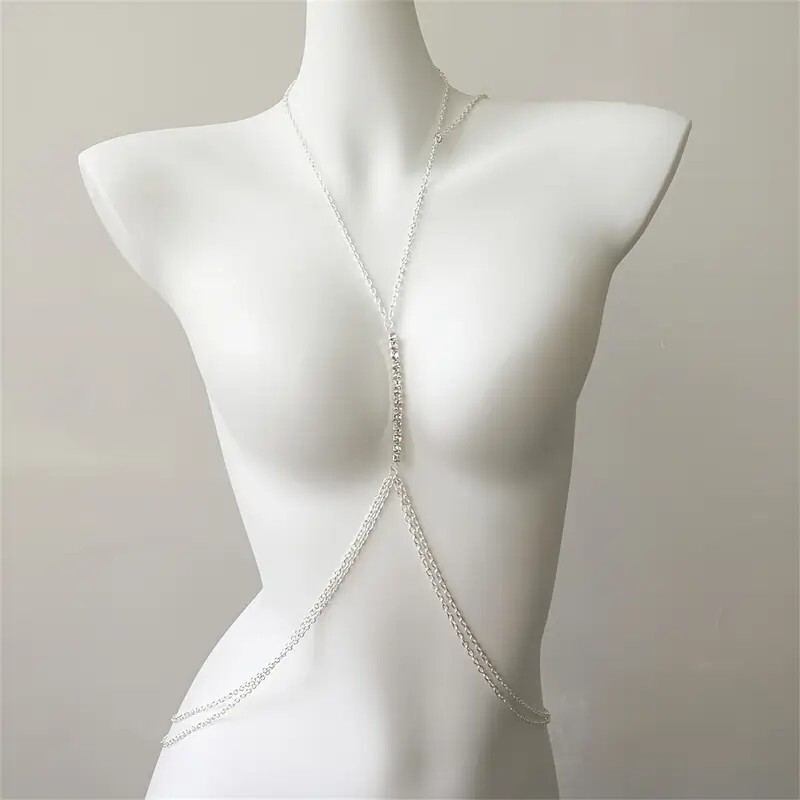 Sexy Silver Rhinestone Body Chain Necklace Crystal Bikini Jewelry for Women