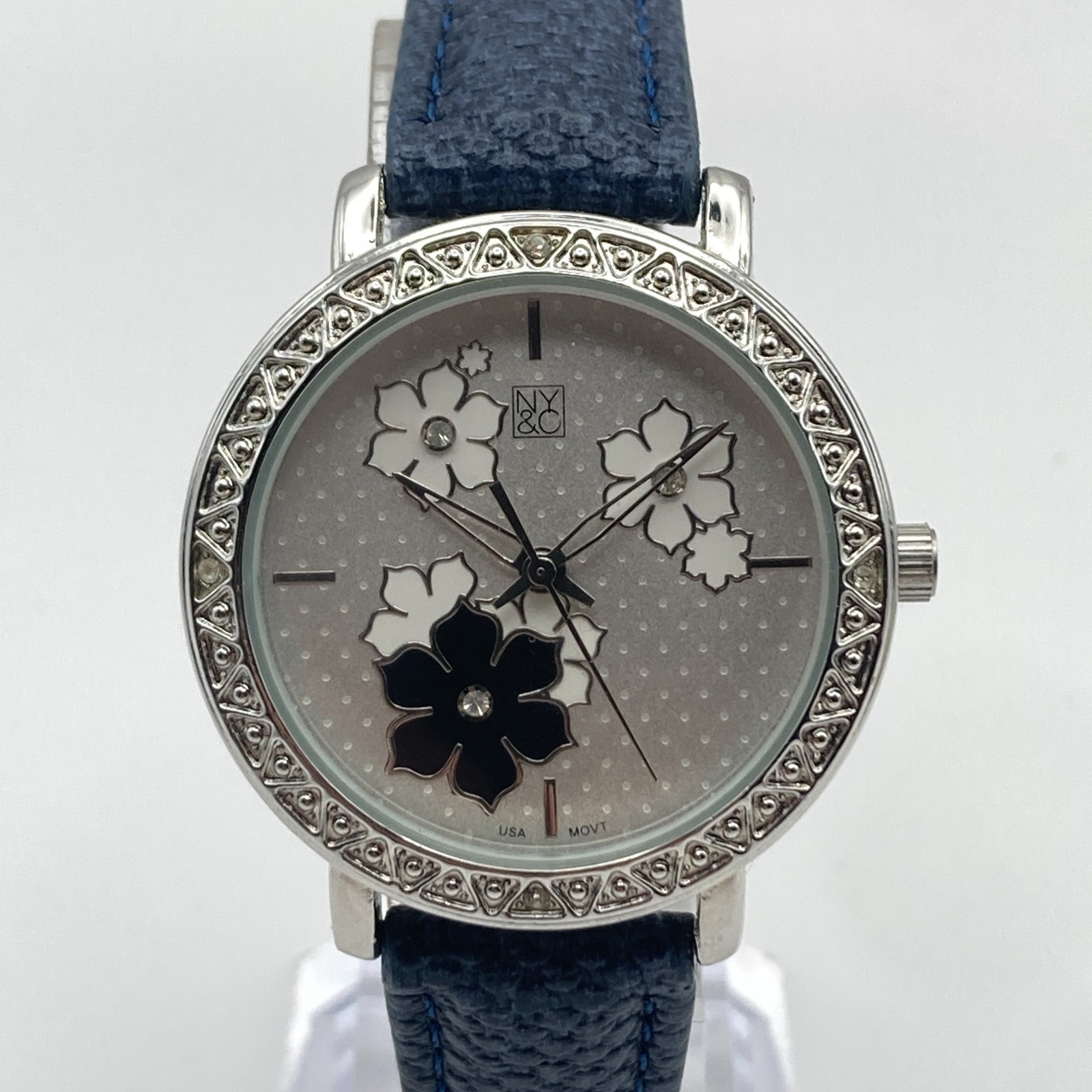 NY&C Women Watch Floral 36mm Silver Tone Crystals Vegan Leather New Battery 8.5″