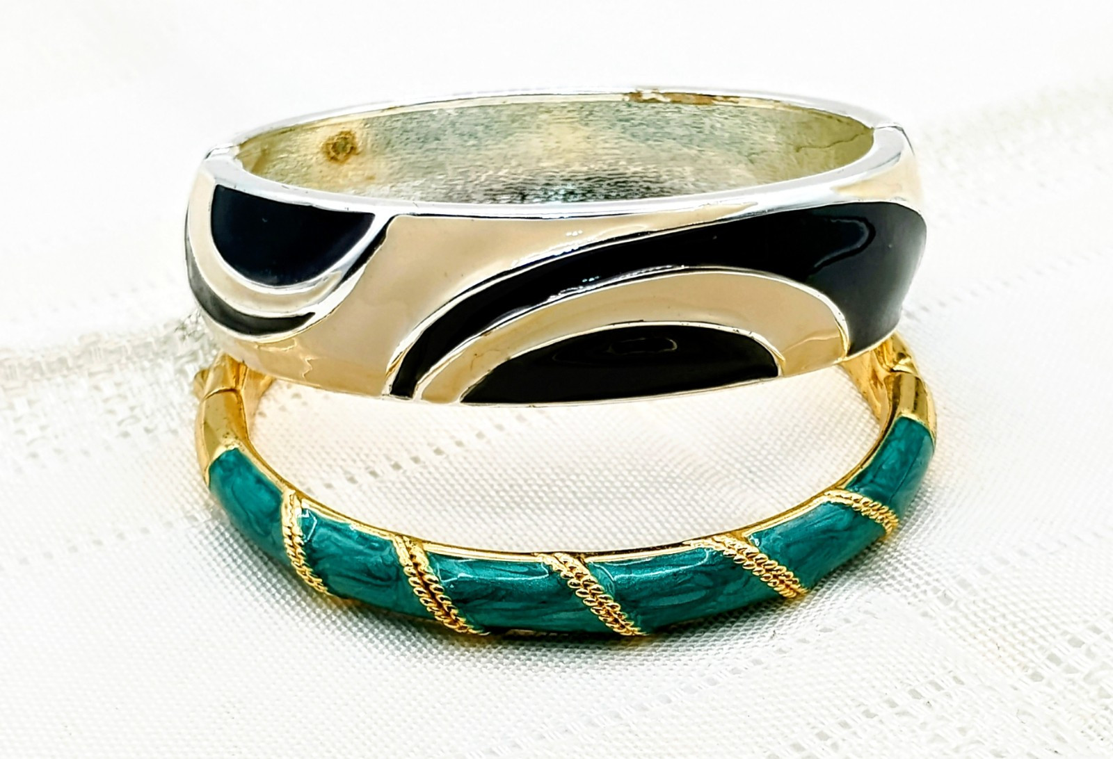 Enamel Bracelets Hinged Green with Gold & Beige W/ Black/ Silver 1970s To 1980s