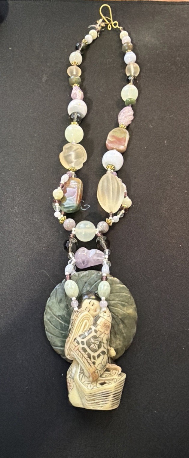 Handcrafted/Handcarved Asian Pendent Necklace W/Asian Beads & Natural Stones