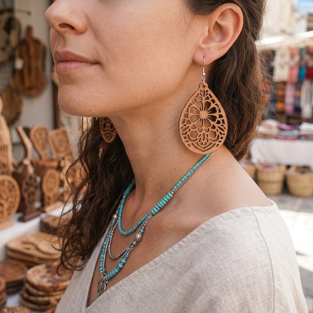 4 Pairs Wooden Dangle Earrings Boho Laser Cut Filigree Teardrop Jewelry Set