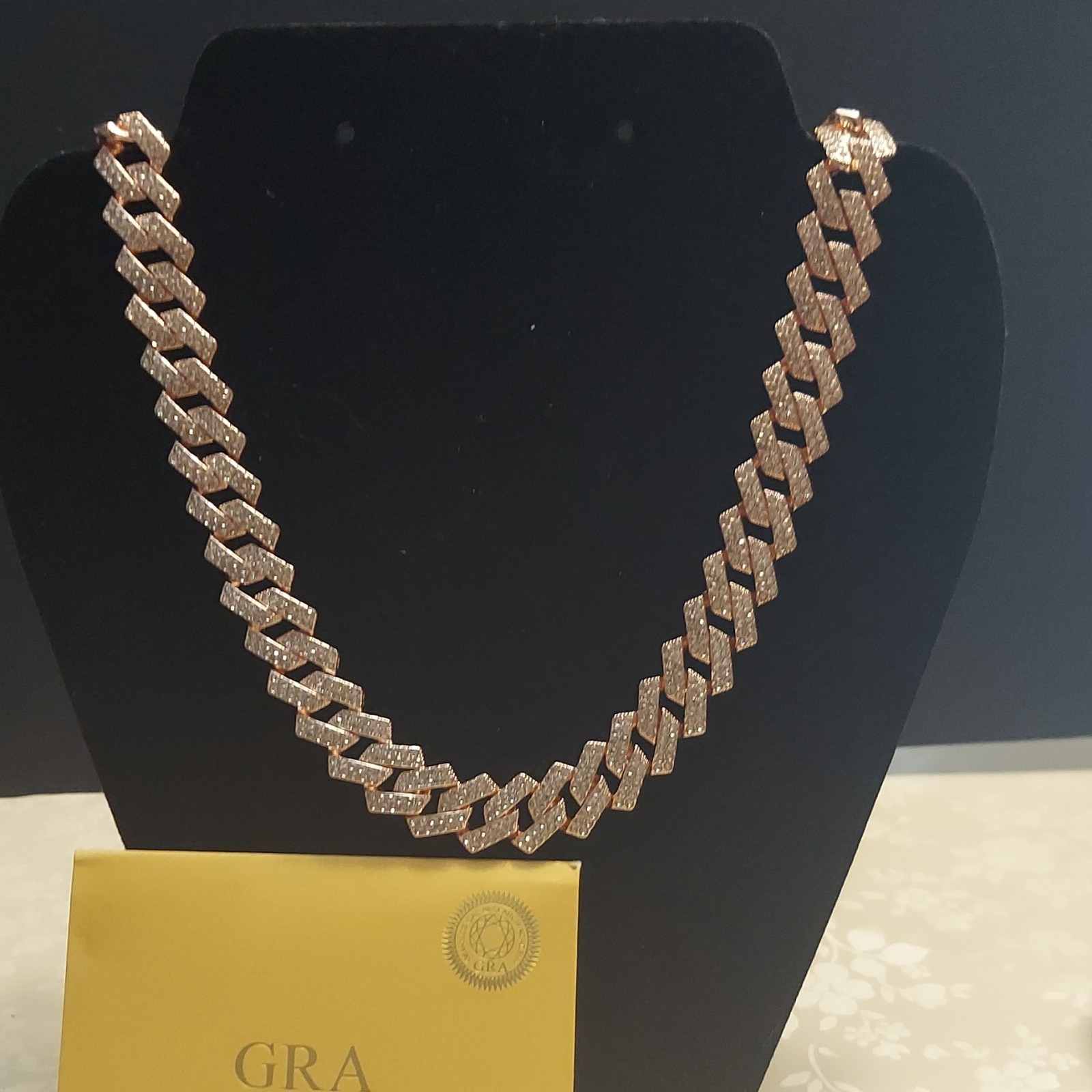 925 Silver Rose Gold Tone Cuban Link Chain Necklace Pavé Crystal Box Clasp