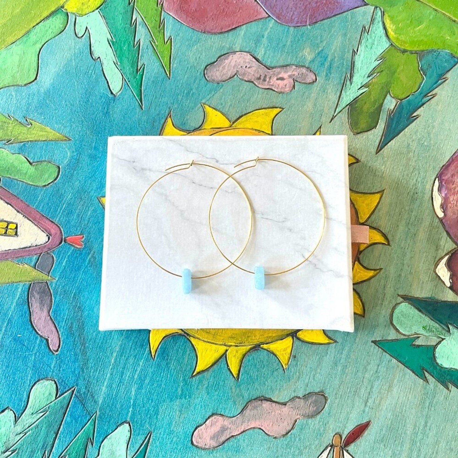 Gold Memory Wire Delicate Hoop Earrings with Blue Crystal Accent