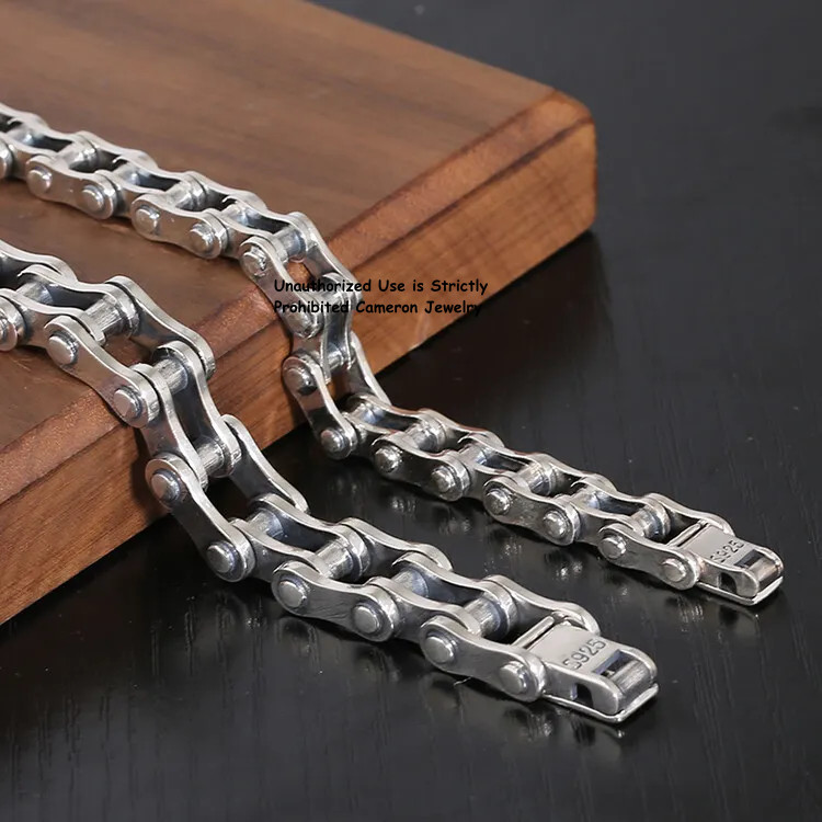 S925 Sterling Silver Bicycle Chain Link Bracelet for Men47-48g 7.9inch