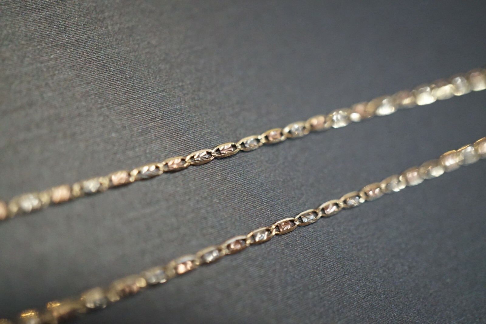 10K Solid Yellow Gold Tri Color 1.5 MM Thin Valentino Chain Necklace. 16″ – 24″