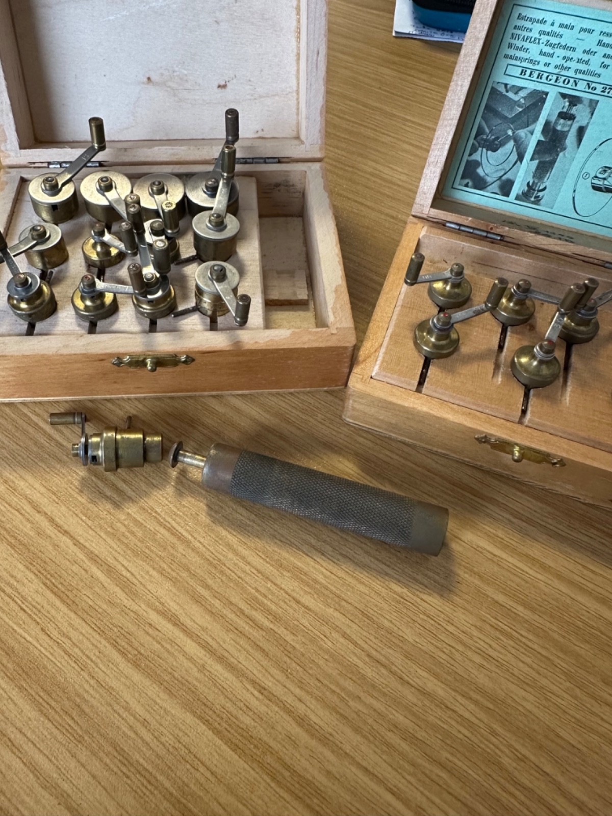 Genuine BERGEON 2729 mainspring winder tools in wooden box