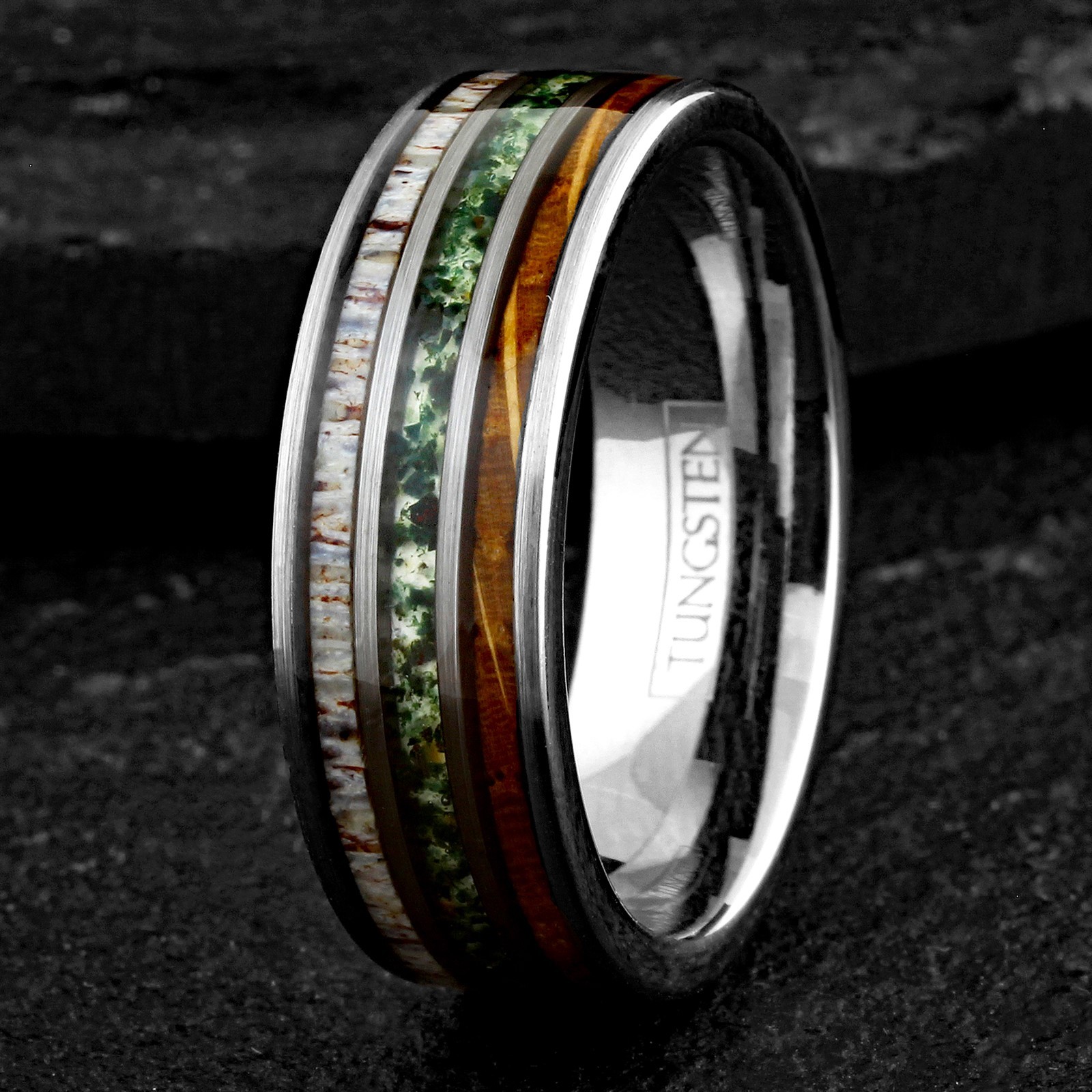 Tungsten Carbide Moss Agate Deer Antler Whiskey Barrel Band Ring