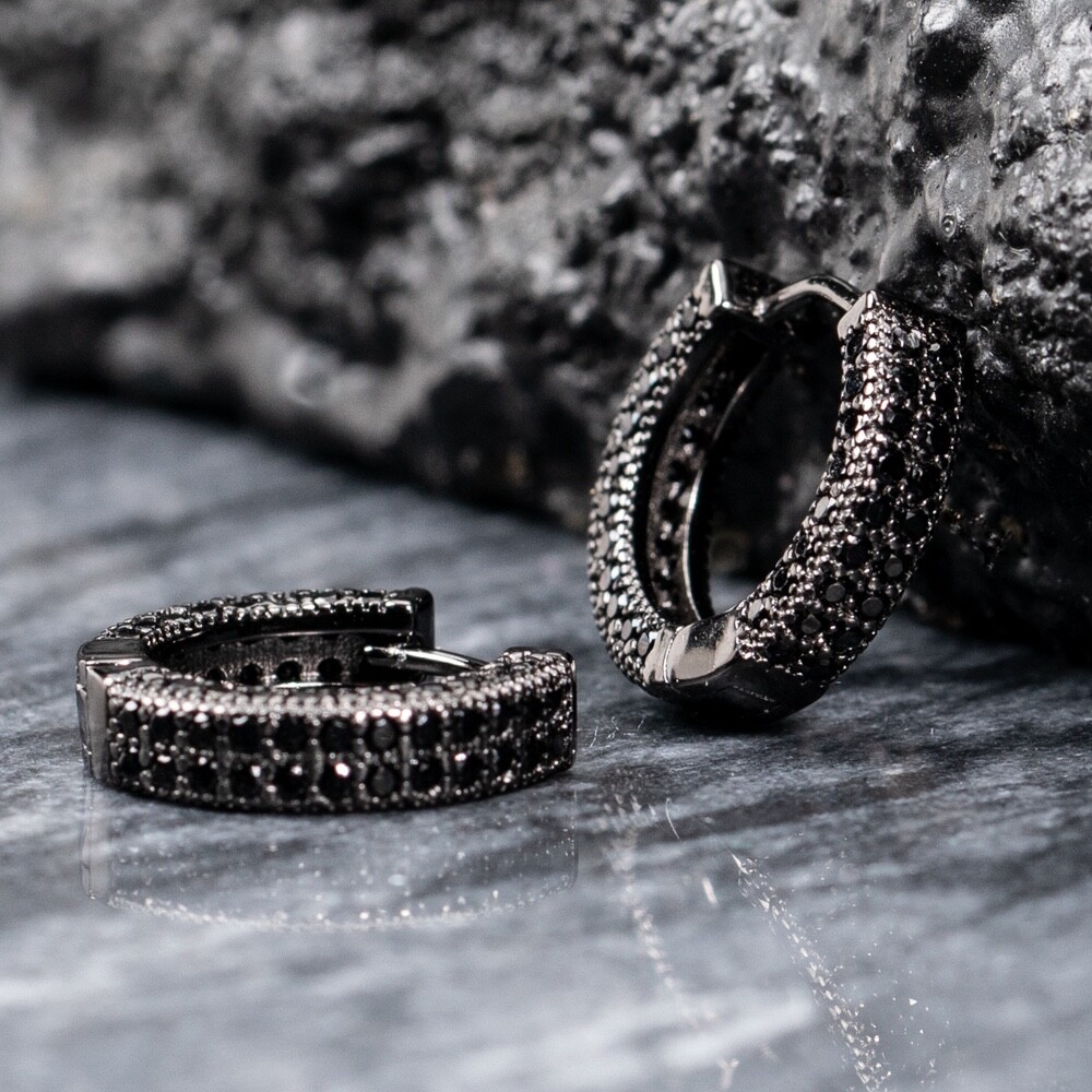 Black Plated Mens Sterling Silver Fully Iced Black Onyx Cz Hoop Earrings