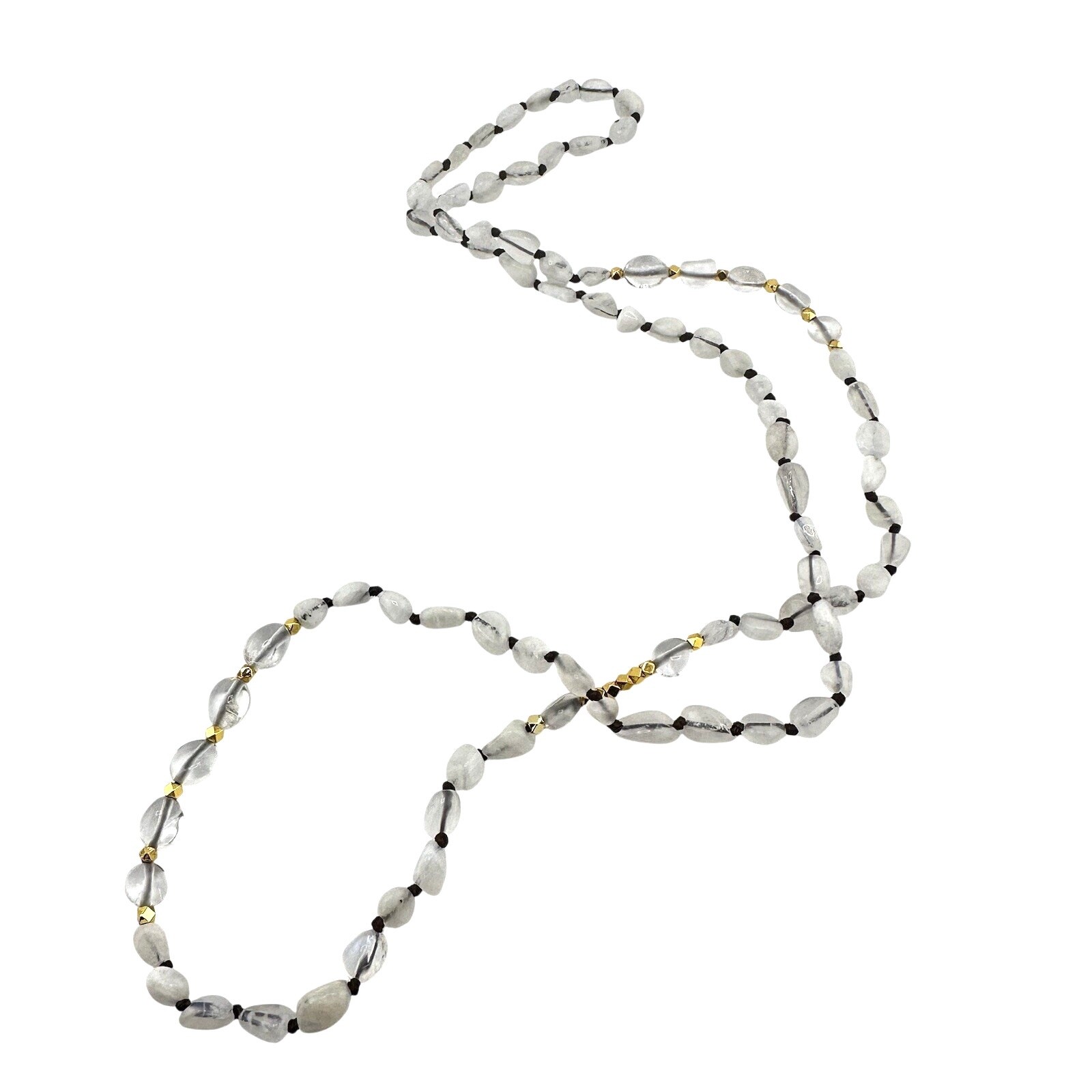 Moonstone Quartz Polished Bead Hand Knotted Gold Tone Endless 30” Necklace