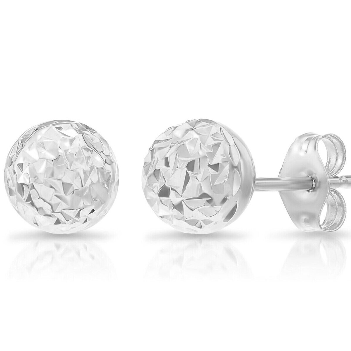 14K Real Solid White Gold Diamond-Cut Round Ball Stud Push-back Earrings