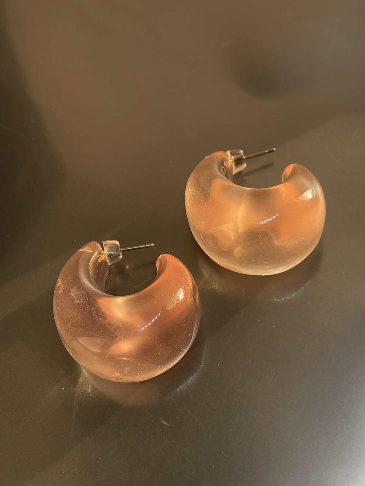 Vintage Very Light Pink Clear Lucite Post Wide Open Hoop Drop 1.25” Earrings
