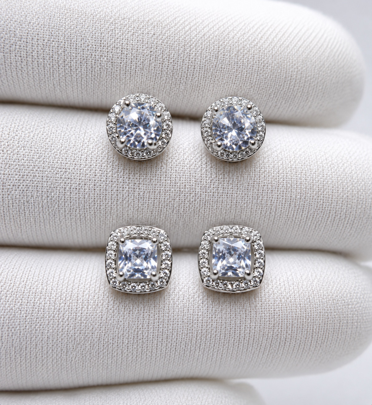 2Pair Silver Plated Stud Earrings With Cubic Zirconia For Men, Women, Unisex