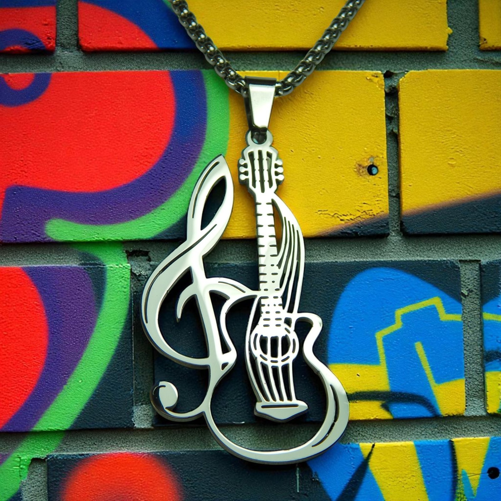 Guitar Necklace Silver 316L Stainless Steel Music Band Bass Pendant Mens Womens