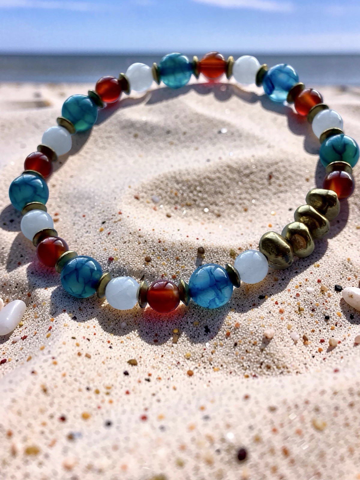 Independence Day Patriotic Stretch Gemstone Bracelet, With Solid Brass Nuggets
