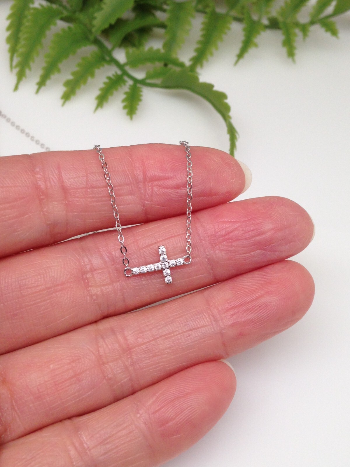 925 Sterling Silver CZ Sideways Cross Pendant Necklace Dainty 9.5mm 17.75″ Women