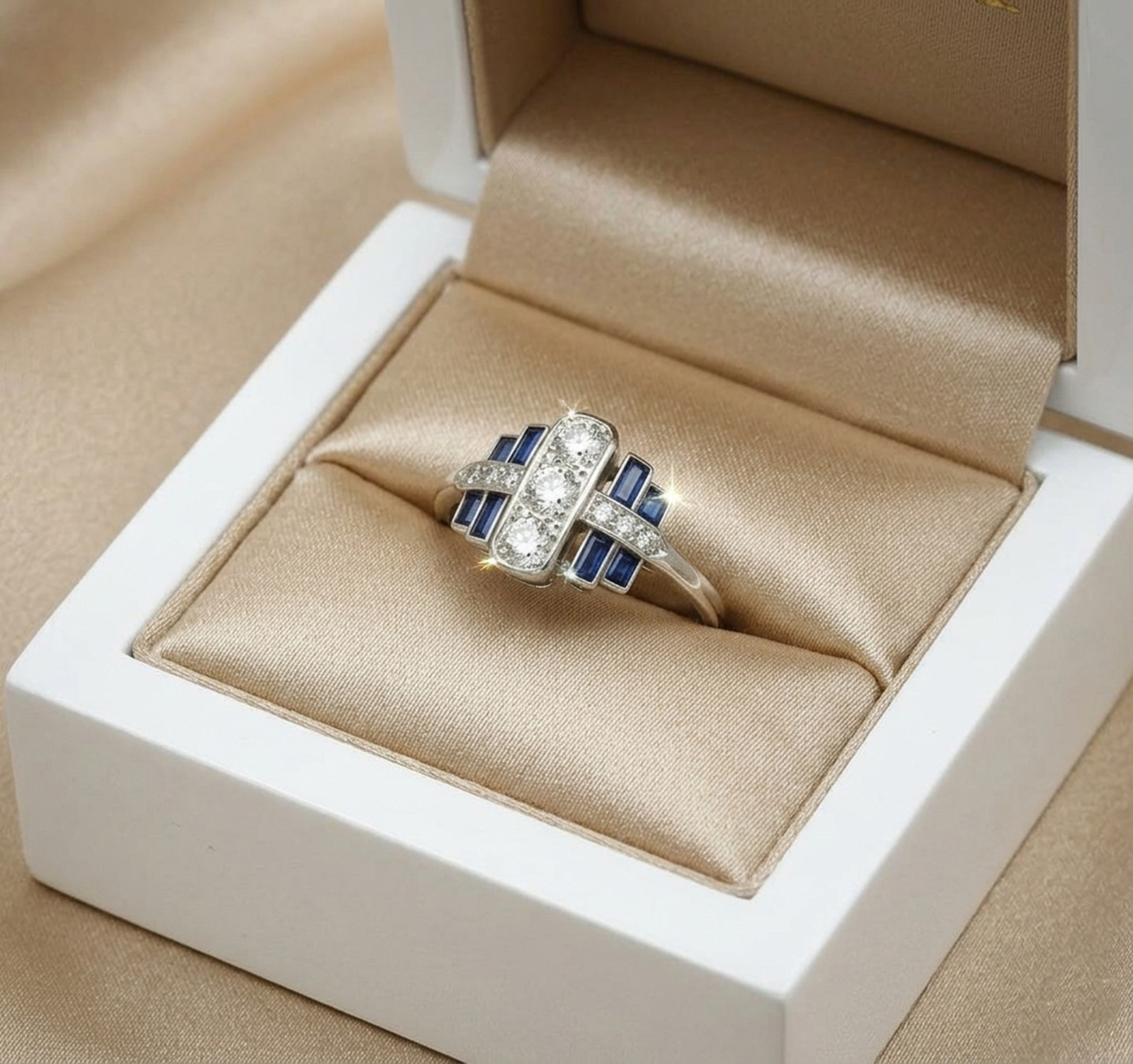 Blue Baguette & Round Simulated Diamond 14K Gold Art Deco Trilogy Wedding Ring