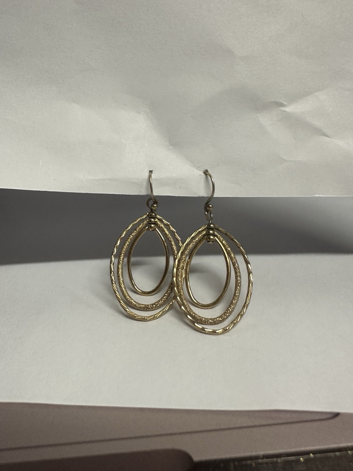 Gold Tone Oval Double Hoop Dangle Drop Earrings Hook Closure No Stone Metal