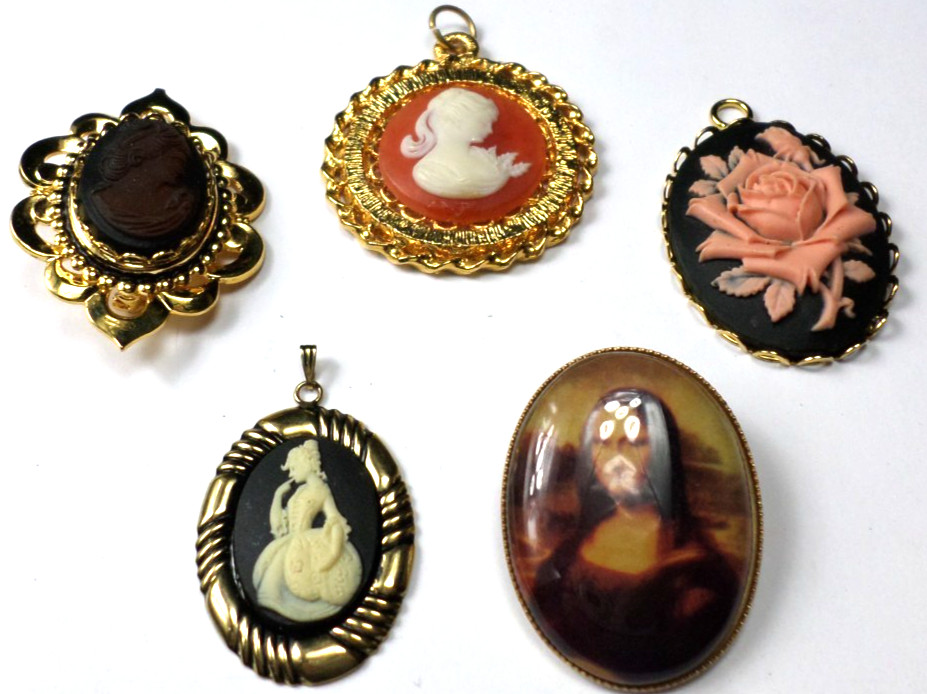 5 Different Colorful Glass, Acrylic &Resin Women Roses Cameos Large Pendants