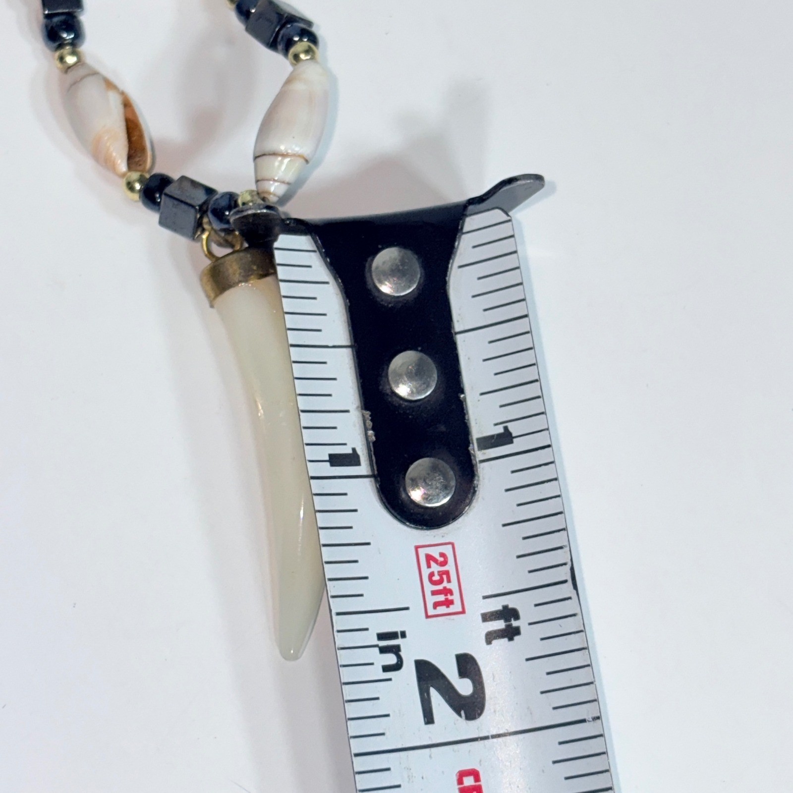 Vtg Shell & Hematite Beaded Necklace with Abalone Horn Pendant Barrel Clasp 18″