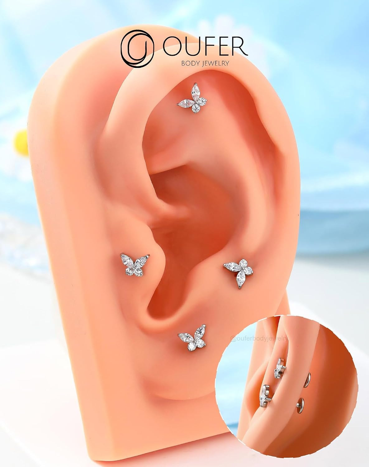 Threadless Butterfly Labret Stud, 316L Surgical Steel Flat Back Push in Piercing