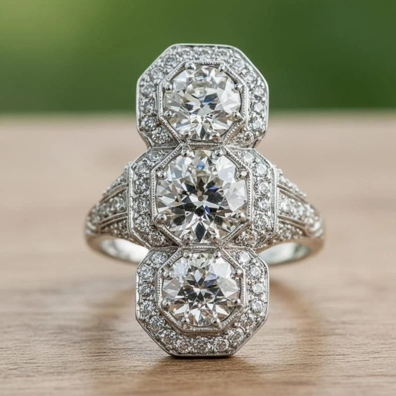 Art Deco Lab Created Diamond Old European Edwardian Engagement 925 Silver Rings