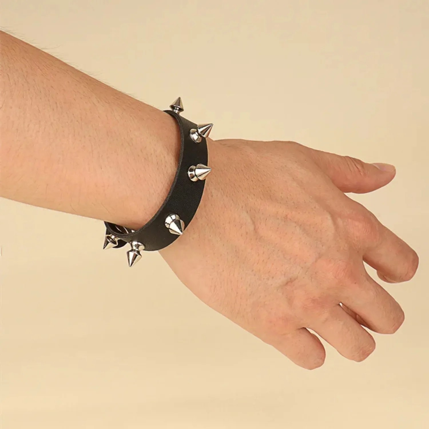 Goth Black Leather Studded Spike Bracelet Adjustable Cuff Unisex Jewelry