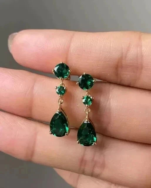 3Ct Pear Cut Lab-Created Emerald Drop Dangle Earring 14K Yellow Gold Plated