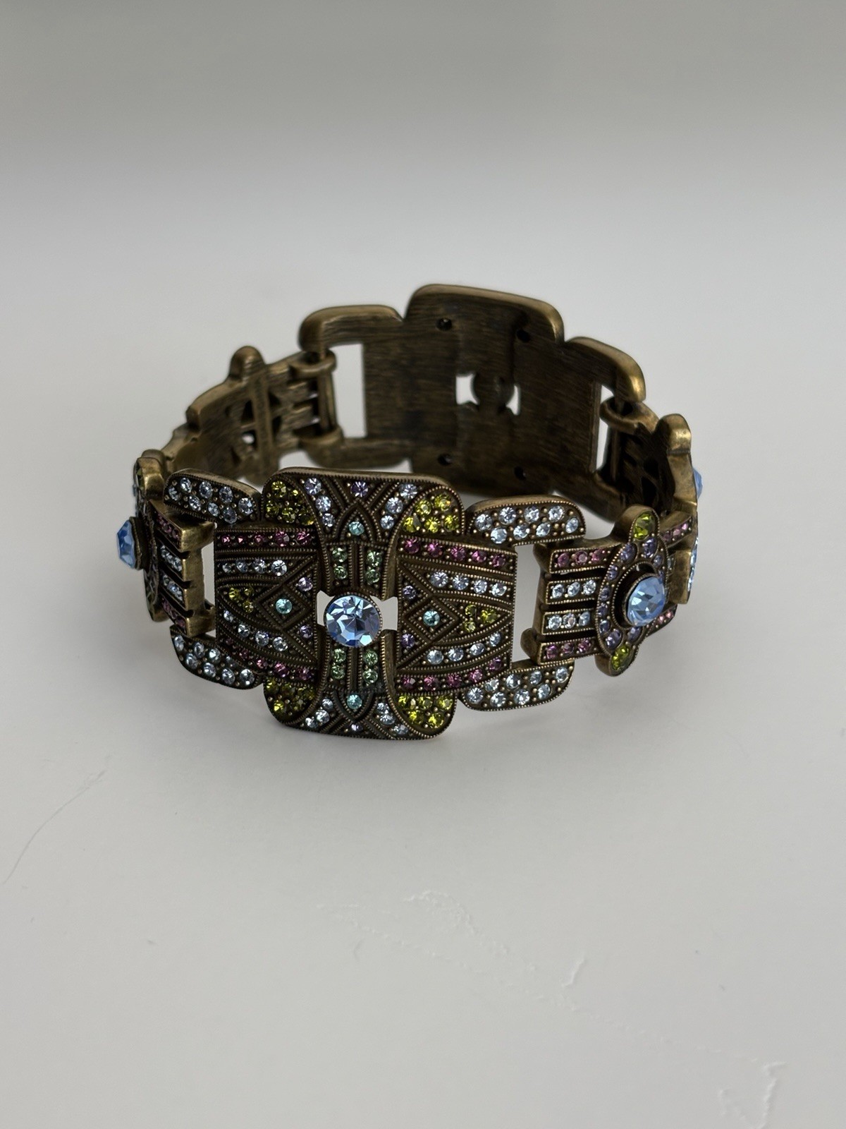 Heidi Daus Signed Art Deco Crystal Rhinestone Bracelet Bronze Tone 7.5″