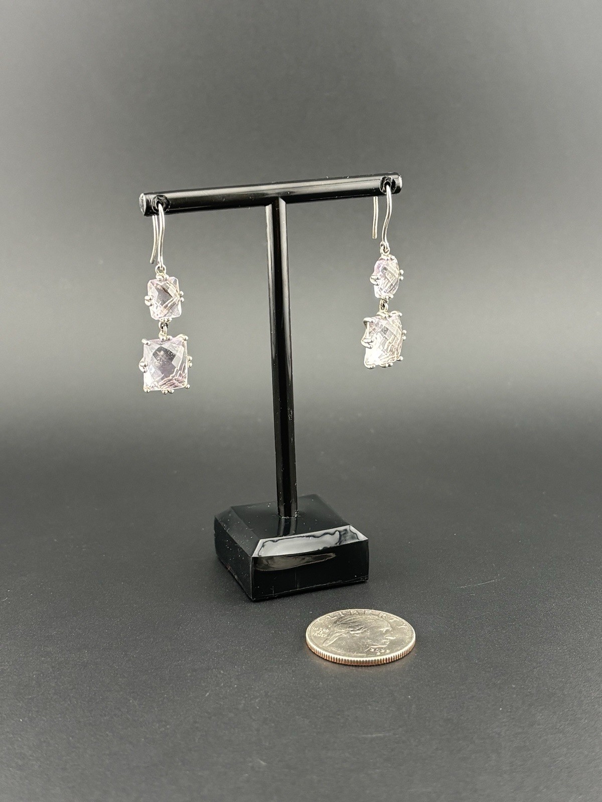 CID 925 Sterling Silver Pale Lavender Pink Gemstone Dangle Earrings China 7g