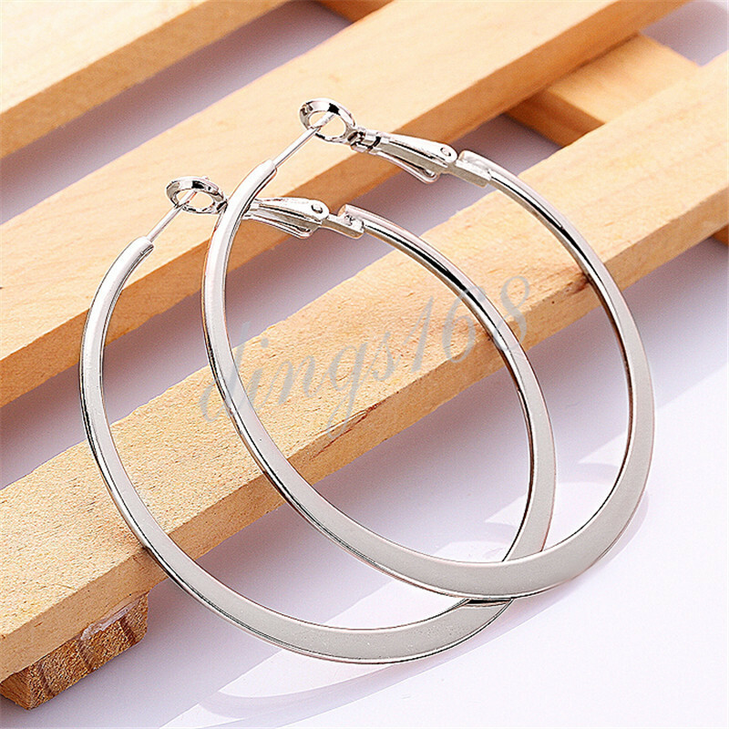 Designer Inspired Genuine 18K White Gold Filled 2″ Large Flat Hoop Earrings Q903