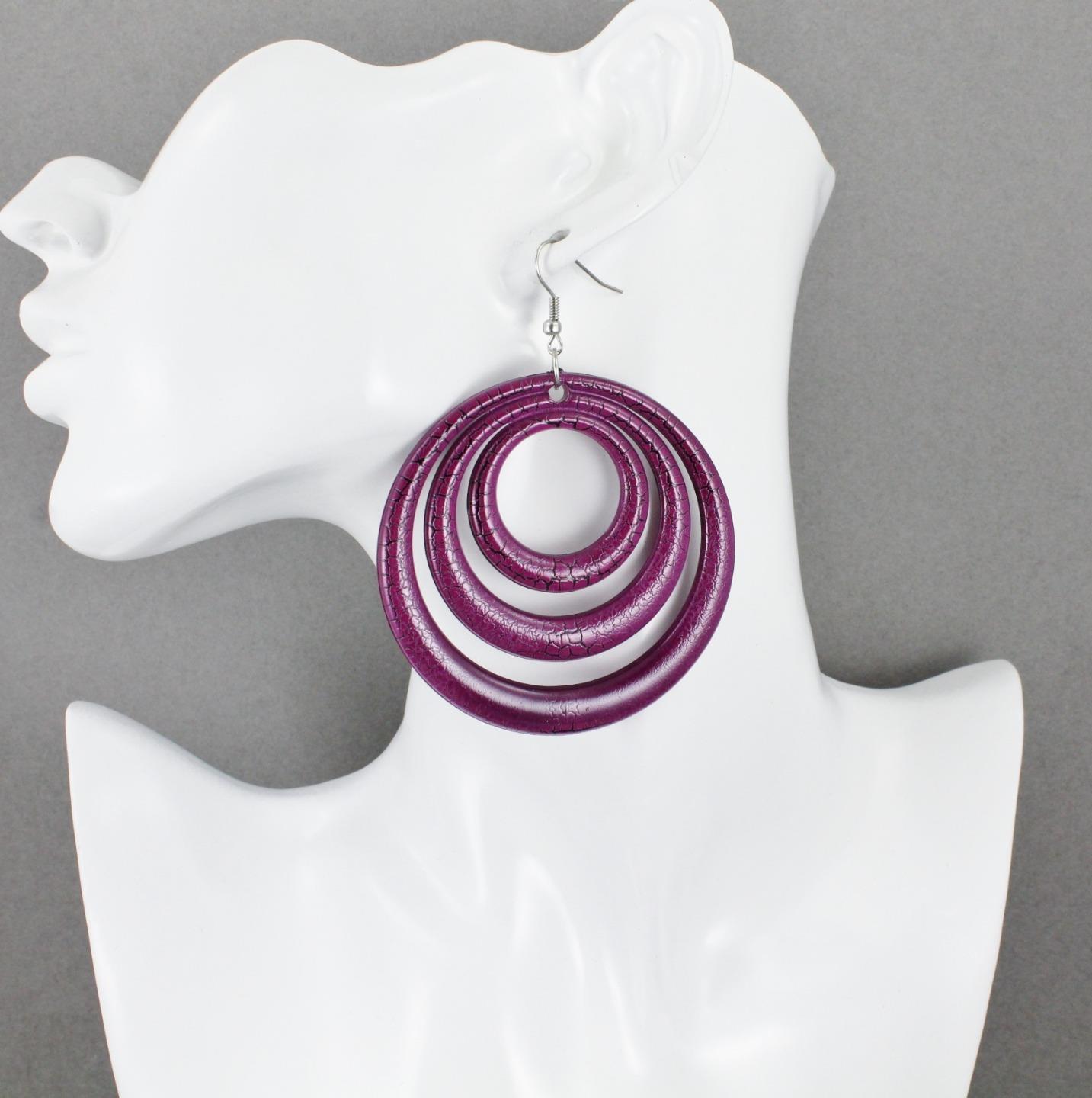 Purple Black earrings lightweight dangle round circle plastic disc 3.25″ long
