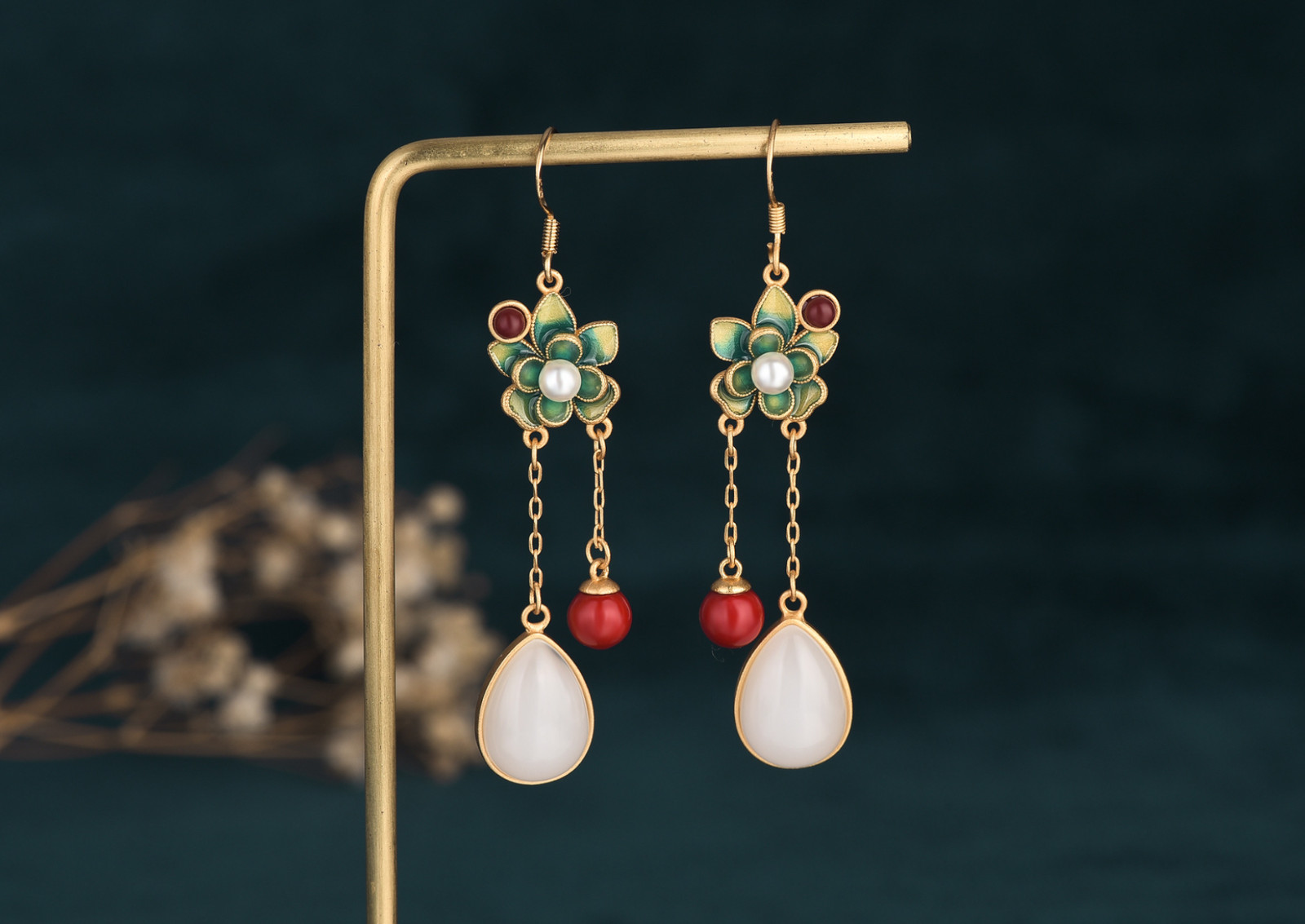 Jade Bohemian Drop Dangle Earrings Flower Dainty Gemstone Hook 18K Gold Plated